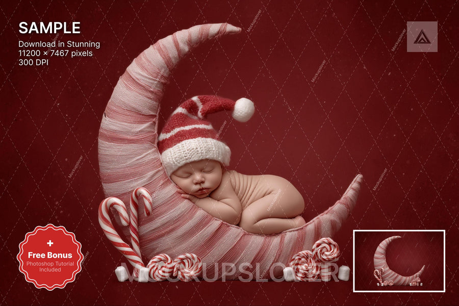 digital backdrop with candyland props, crescent moon, and candy cane for christmas baby photos