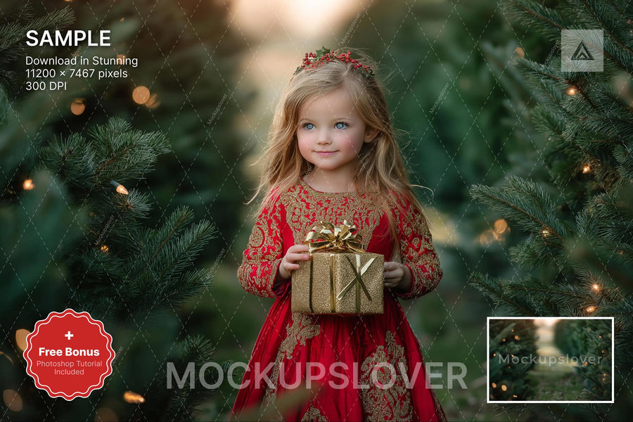 christmas tree farm scene with winter landscape background and festive props