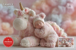 baby girl with unicorn backdrop, dreamy pink studio scene, perfect for newborn photos