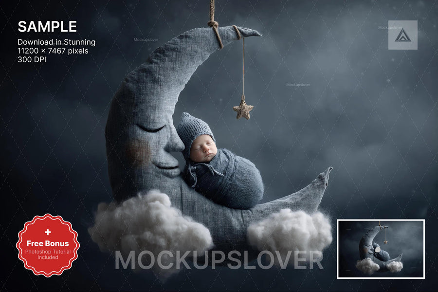 baby boy face swap overlay with crescent moon and clouds, dreamy night sky background, photoshop template for newborn photos