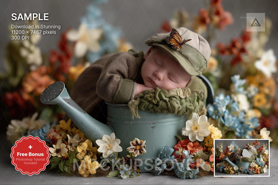 baby in floral fairy garden scene, digital backdrop for newborn photography, photoshop & canva template