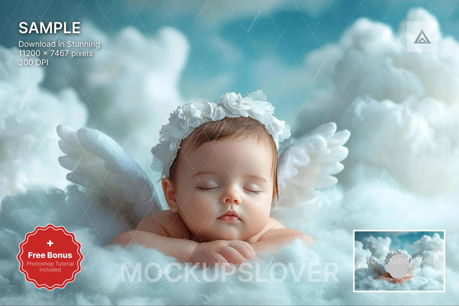 baby with angel wings on dreamy cloud background, perfect for newborn photography and face swap overlays