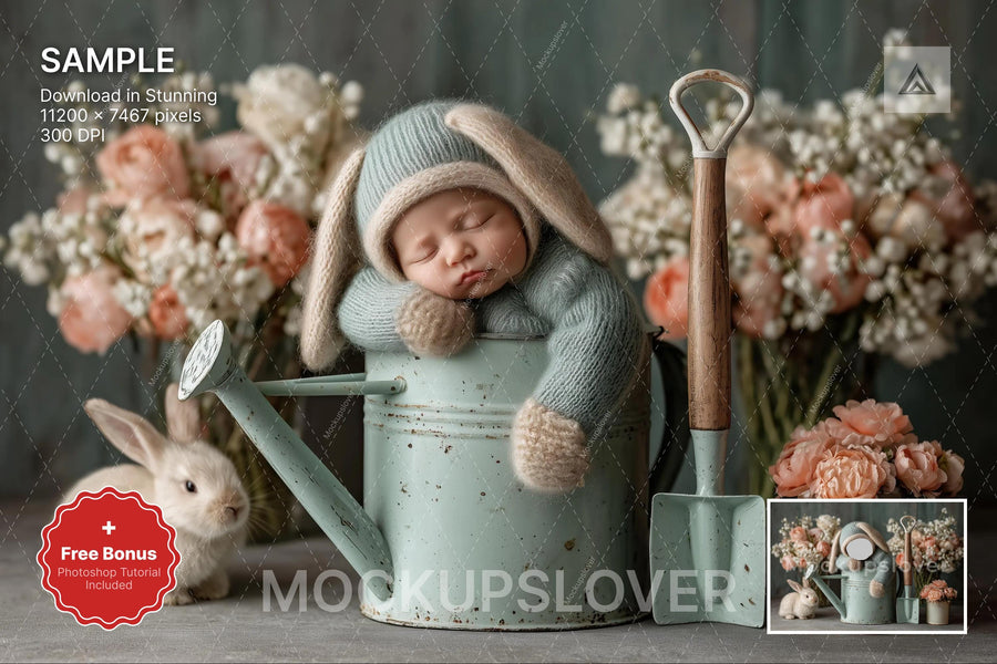 baby face swap scene with floral garden backdrop, perfect for easter and spring photos
