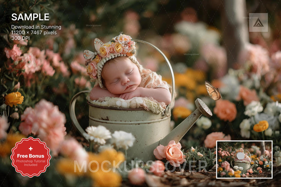 baby in fairy garden scene, spring flowers backdrop, face swap overlay, easter photo prop, digital background