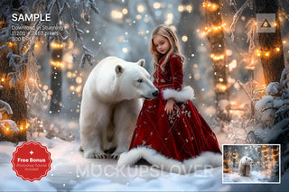 kids in winter wonderland scene with polar bear and woodland animals for holiday photos