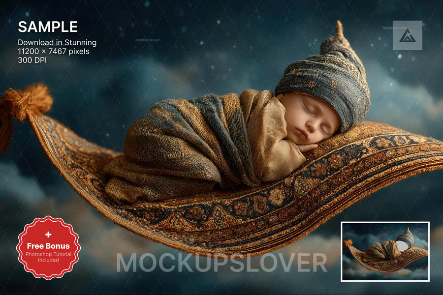 baby face swap overlay on arabian flying carpet backdrop, ideal for newborn photography