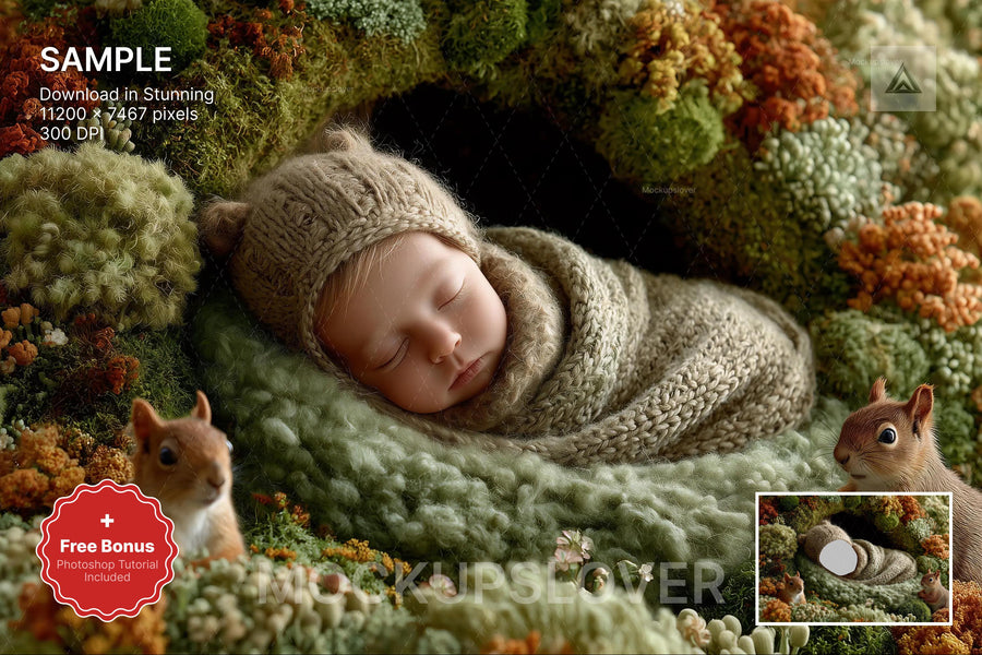 newborn baby with woodland creatures backdrop, perfect for face swap and digital photography