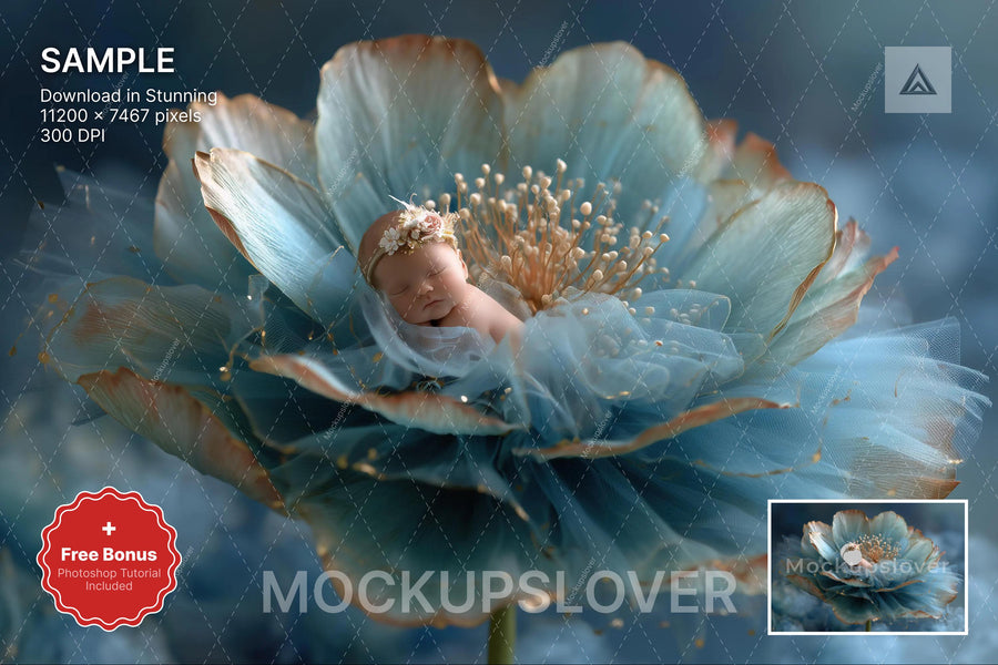 baby girl in a floral fairy garden scene, digital backdrop for newborn photography