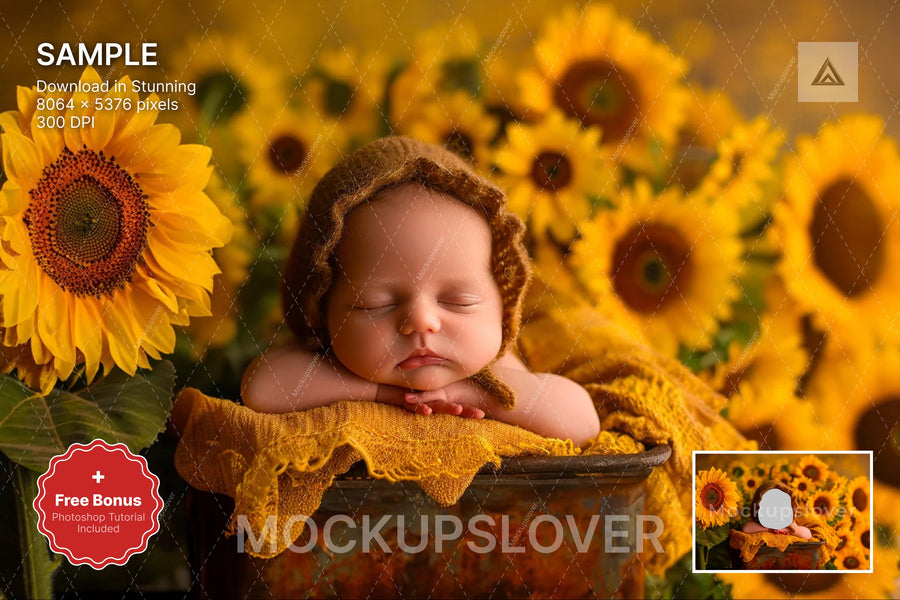 sunflower digital backdrop for newborn and baby photography, perfect for spring and summer photo sessions