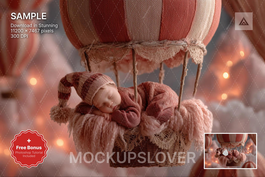 baby with hot air balloon backdrop, face swap, fantasy scene, perfect for newborn photography