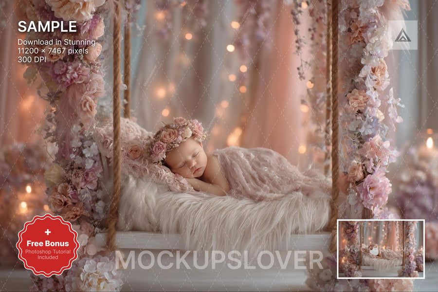 baby girl face swap with floral backdrop and fairy lights, perfect for newborn photography