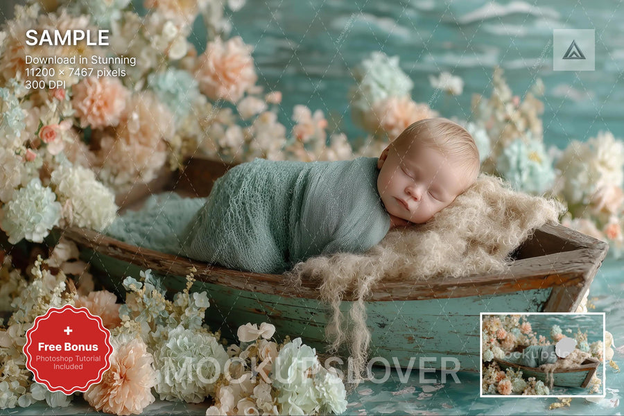 newborn baby with floral backdrop, rustic scene, wooden boat, face swap, photoshop overlay