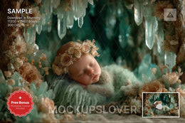 baby face swap overlay on fantasy cave backdrop, ideal for newborn photography templates