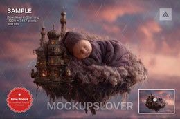 fairy baby with floating castle backdrop, perfect for fantasy newborn photography