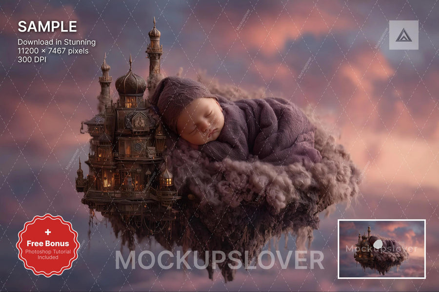 fairy baby with floating castle backdrop, perfect for fantasy newborn photography