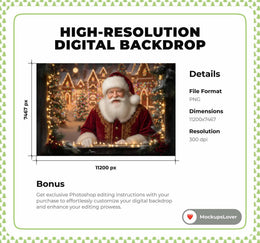 Christmas Window Digital Backdrop, Santa Claus, Village, Holiday Photo Background, Winter Kids Portrait Prop, Photoshop & Canva Template