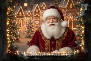 Christmas Window Digital Backdrop, Santa Claus, Village, Holiday Photo Background, Winter Kids Portrait Prop, Photoshop & Canva Template