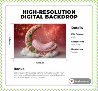 Christmas Newborn Digital Backdrop, Crescent Moon Photo Background, Holiday Candyland Baby Boy Girl Prop, Photoshop & Canva Template
