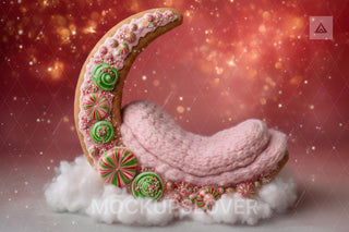 Christmas Newborn Digital Backdrop, Crescent Moon Photo Background, Holiday Candyland Baby Boy Girl Prop, Photoshop & Canva Template