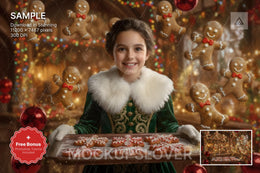 digital backdrop with gingerbread cookies and farmhouse kitchen setting for christmas photoshoots