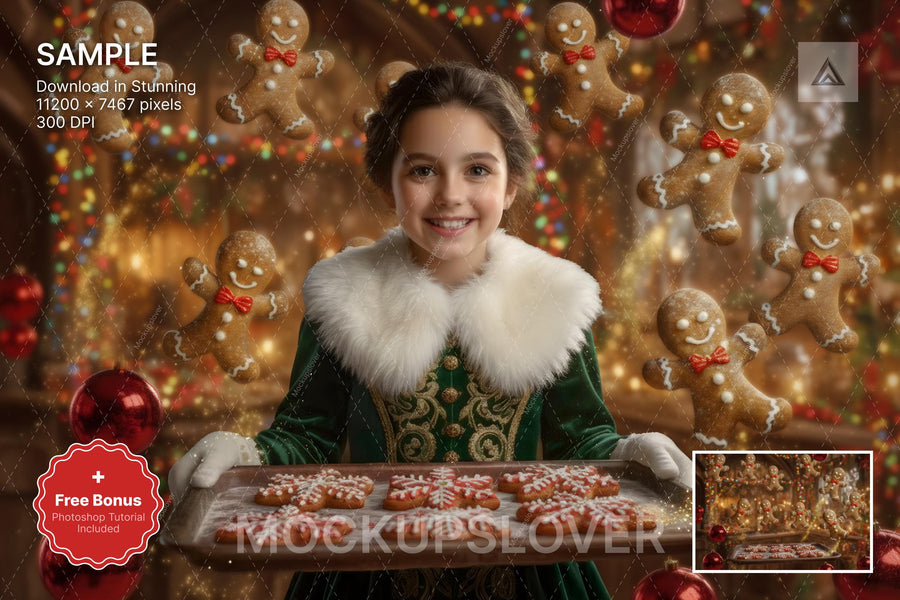 digital backdrop with gingerbread cookies and farmhouse kitchen setting for christmas photoshoots