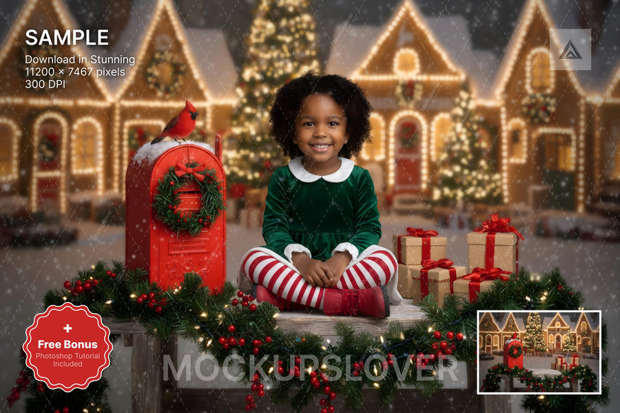 scene of a christmas village backdrop with a red mailbox and wooden bench, ideal for holiday photography