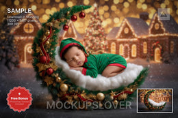 newborn baby laying on crescent moon with christmas village backdrop, ideal for holiday photo props or digital templates