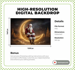 Christmas Digital Backdrop, Santa Claus, Crescent Moon, Night Sky, Winter Photo Background, Holiday Kids Prop, Photoshop & Canva Template