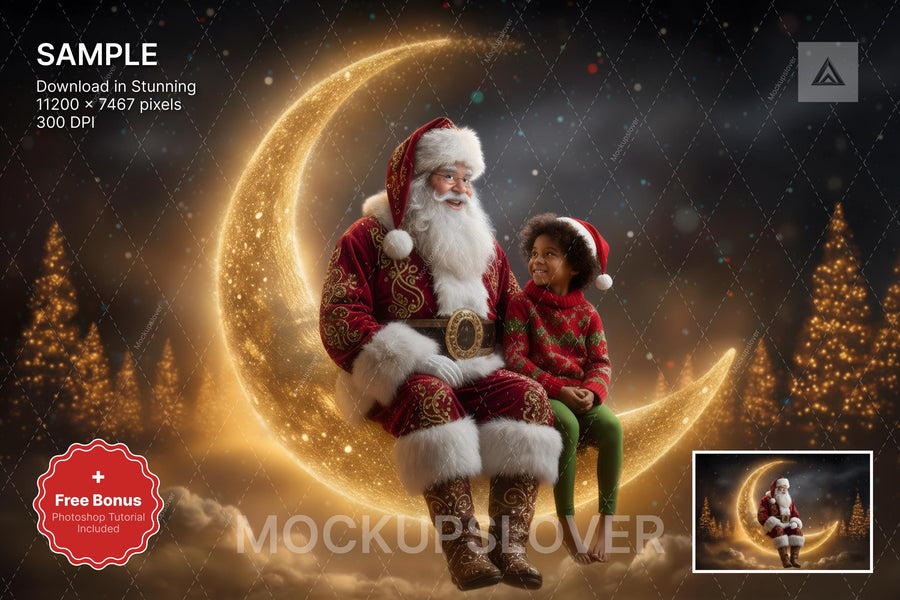 christmas backdrop with santa claus, crescent moon, night sky, winter scene, holiday prop, digital template