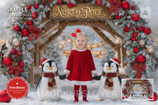 christmas penguins and north pole scene, holiday kids backdrop, winter wonderland photo background, christmas animals scene