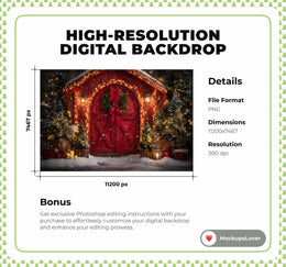 Christmas Digital Backdrop, Red Barn, Rustic Photo Background, Holiday Kids Prop, Christmas House, Winter Wonderland, Photoshop Template