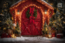 Christmas Digital Backdrop, Red Barn, Rustic Photo Background, Holiday Kids Prop, Christmas House, Winter Wonderland, Photoshop Template