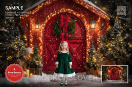 christmas scene with red barn and winter landscape, ideal for holiday photo backgrounds