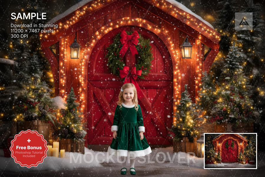 christmas scene with red barn and winter landscape, ideal for holiday photo backgrounds