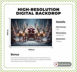 Christmas Digital Backdrop, Santa Sleigh, Christmas Reindeer, Santa Claus, North Pole Photo Background, Holiday Kid Prop, Photoshop Template