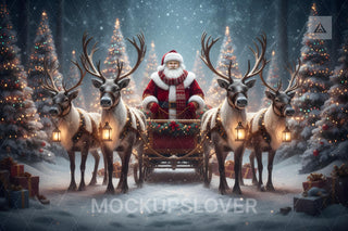 Christmas Digital Backdrop, Santa Sleigh, Christmas Reindeer, Santa Claus, North Pole Photo Background, Holiday Kid Prop, Photoshop Template