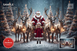 festive digital backdrop featuring santa sleigh with reindeer at the north pole for holiday photos