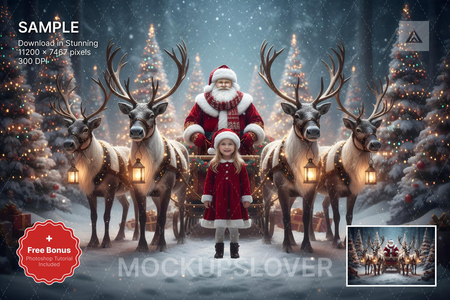 festive digital backdrop featuring santa sleigh with reindeer at the north pole for holiday photos