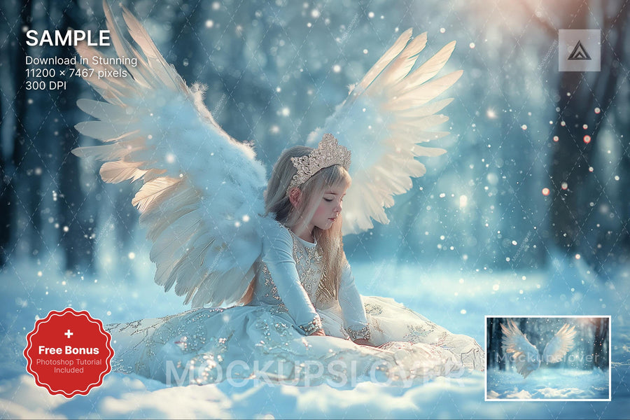 child with angel wings in a winter wonderland, nativity christmas fantasy forest backdrop, perfect for holiday photos