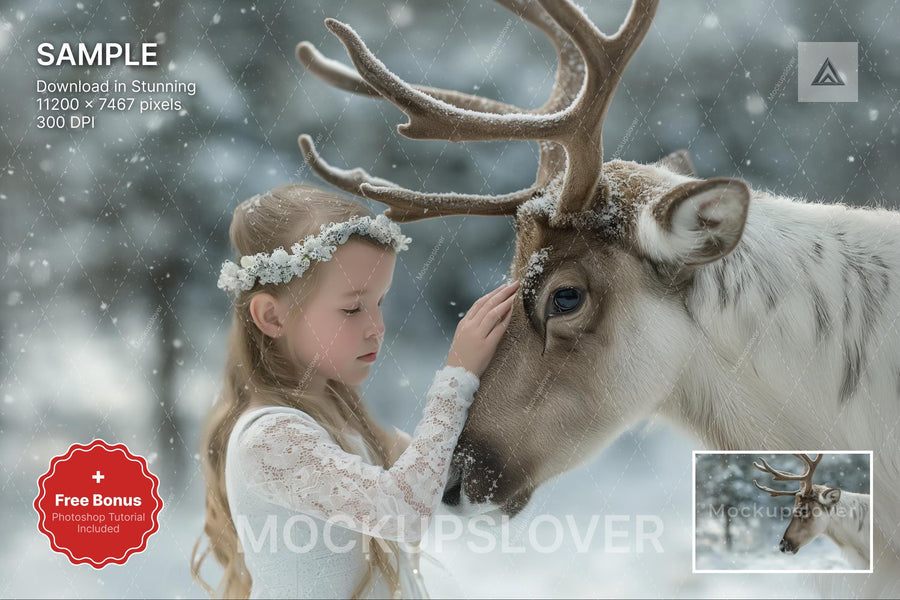 reindeer figure in a winter wonderland scene, ideal for holiday photo backgrounds