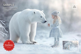 polar bear scene on winter backdrop, holiday kids' photo background, christmas woodland scenery, photoshop & canva template