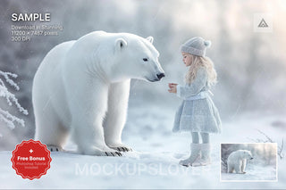 polar bear scene on winter backdrop, holiday kids' photo background, christmas woodland scenery, photoshop & canva template