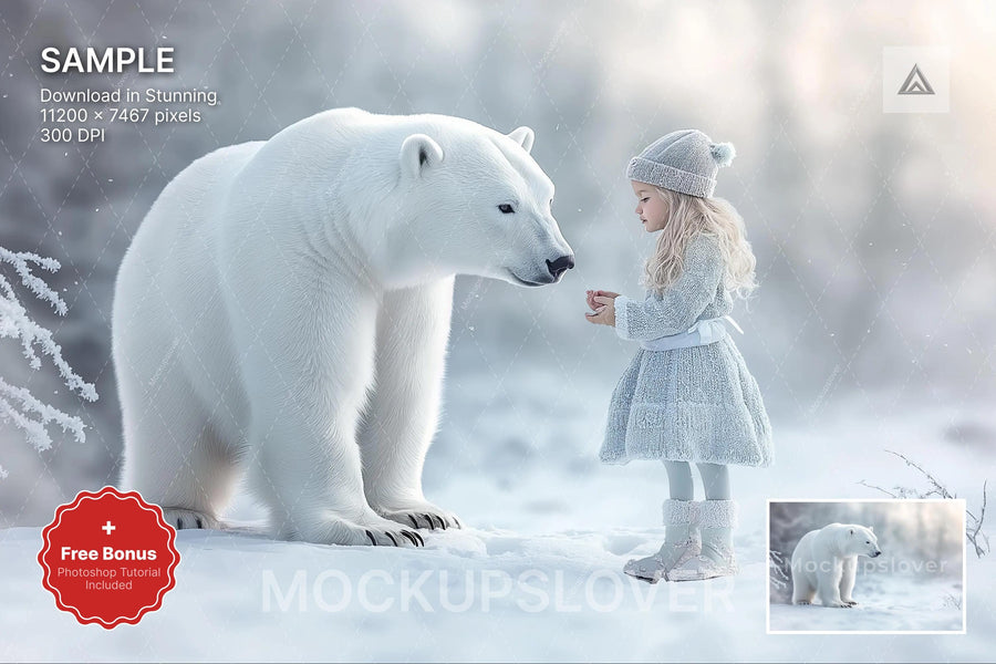 polar bear scene on winter backdrop, holiday kids' photo background, christmas woodland scenery, photoshop & canva template