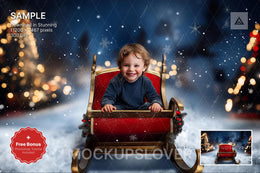 santa's sleigh digital backdrop for holiday photos, christmas village scene, winter wonderland setting, kids' portrait prop