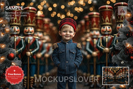 giant christmas nutcracker in winter wonderland digital backdrop for holiday portraits