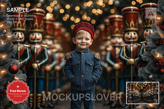 giant christmas nutcracker in winter wonderland digital backdrop for holiday portraits