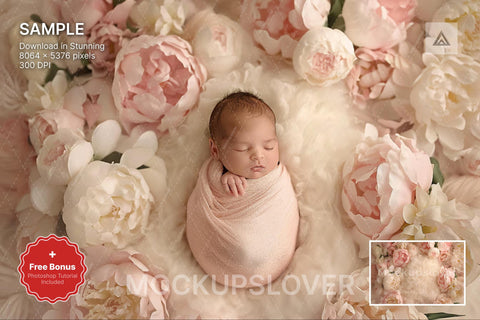 Newborn Digital Backdrop, Baby Girl Pink Cream Flowers, Spring Floral Composite digital background, Photoshop Overlays, Studio Background
