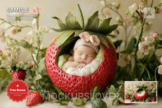 baby in strawberry-themed digital backdrop, perfect for newborn photography