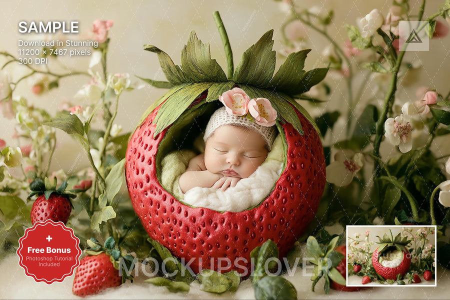 baby in strawberry-themed digital backdrop, perfect for newborn photography