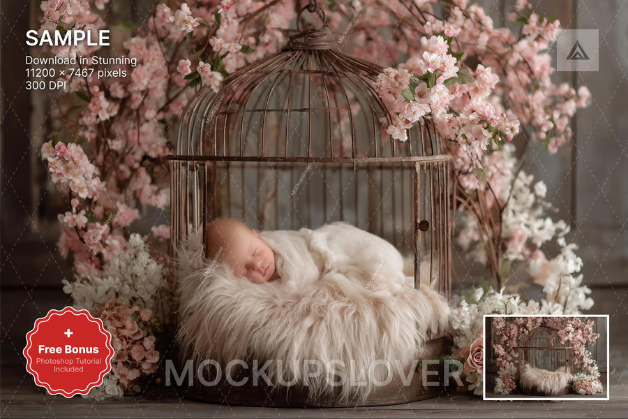 newborn baby sleeping on pink floral digital backdrop with vintage spring theme